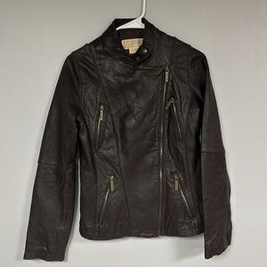 Michael Kors Rich Brown Leather Moto Jacket Size S/P Buttery Soft, lined, bronze
